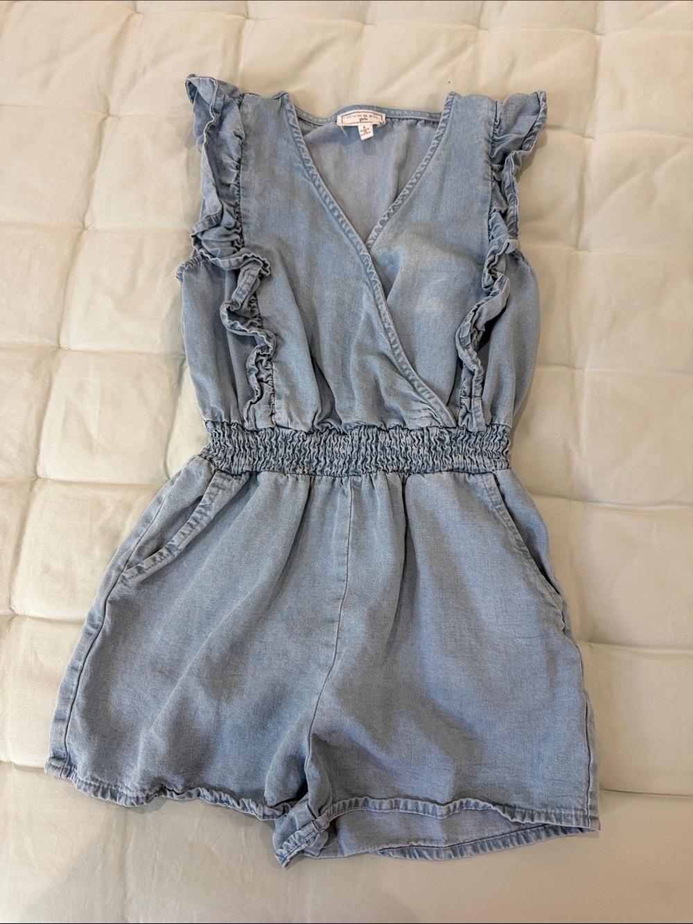 Hayden Girls Light Blue Denim Romper with Ruffle Sleeves